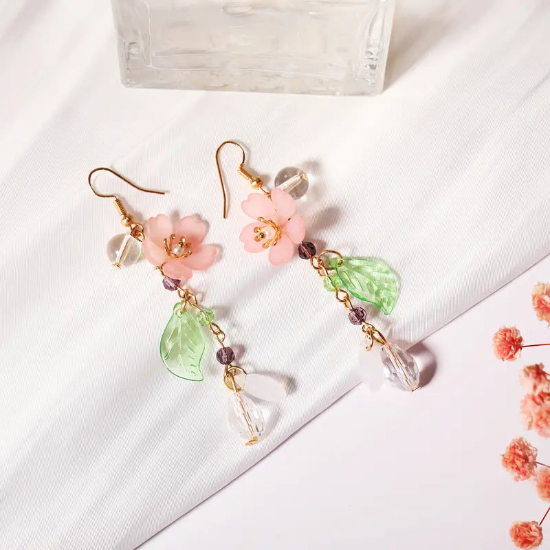 Asymmetrical Pink Floral Drop Earrings — Fairy-Style Flower Earrings