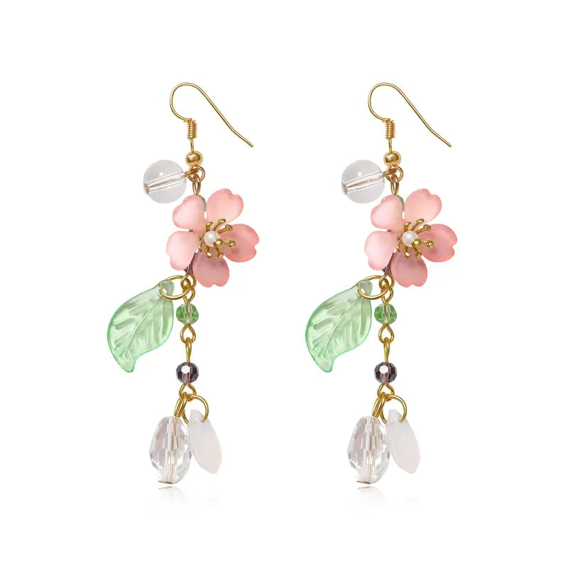 Asymmetrical Pink Floral Drop Earrings — Fairy-Style Flower Earrings