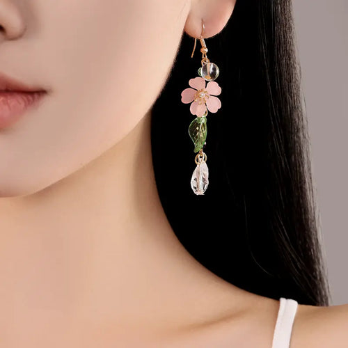 Asymmetrical Pink Floral Drop Earrings — Fairy-Style Flower Earrings