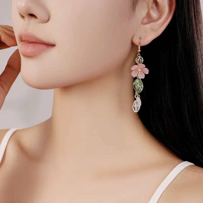 Asymmetrical Pink Floral Drop Earrings — Fairy-Style Flower Earrings